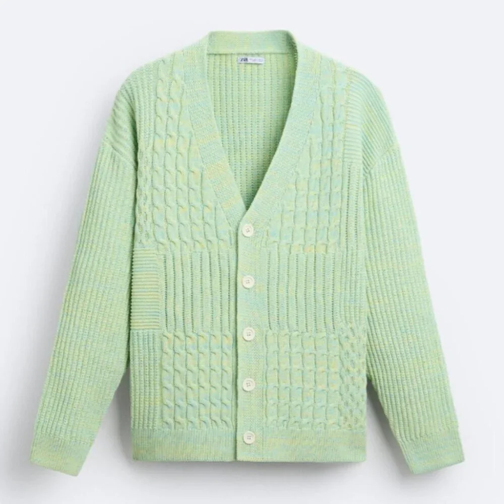 Zara Textured Weave Woven Oversized Cardigan NWT Green Yellow Size XL